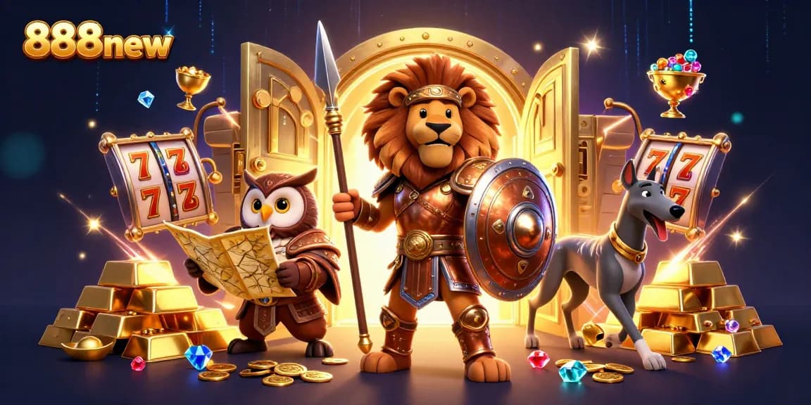 Experience the excitement of 888new with a dynamic 3D casino illustration featuring fortune and game elements.