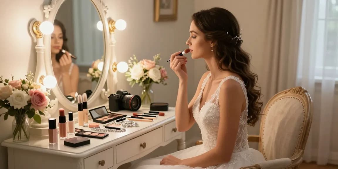 Trucco sposa in un ambiente elegante con una sposa che si prepara per il matrimonio, circondata da prodotti di bellezza e fiori.
