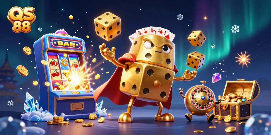 Experience thrilling games at QS 88 with a vibrant casino-themed digital illustration showcasing rich features.
