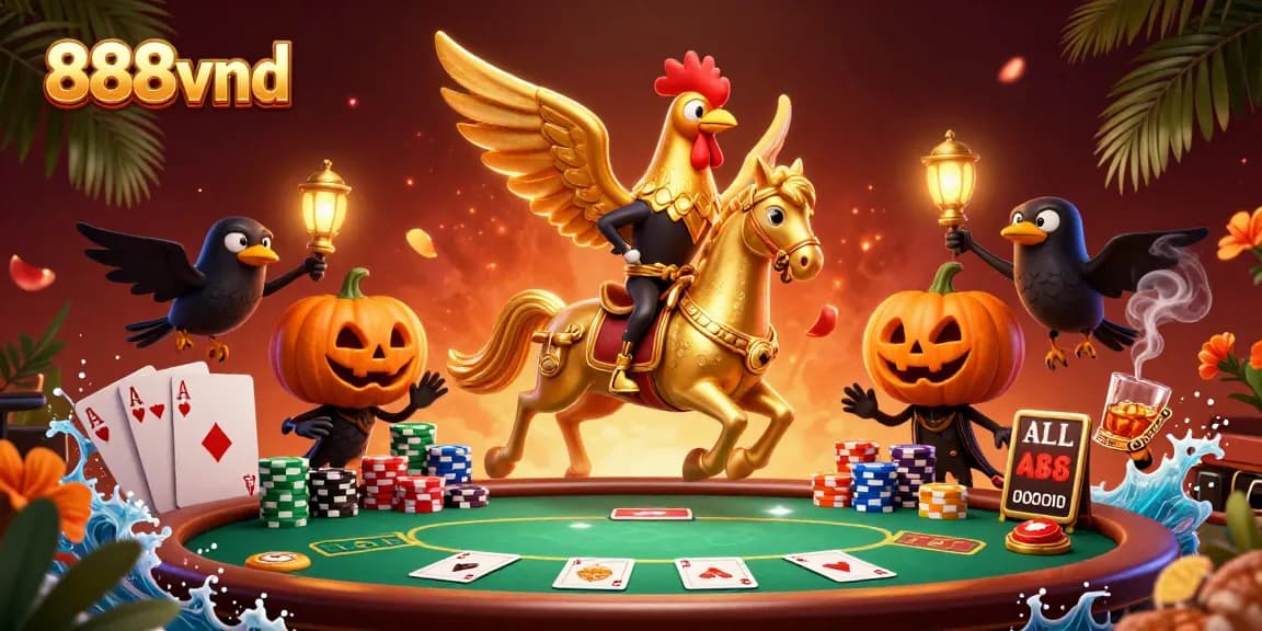 Engage with 888vnd casino excitement featuring a golden rooster and vibrant poker action.