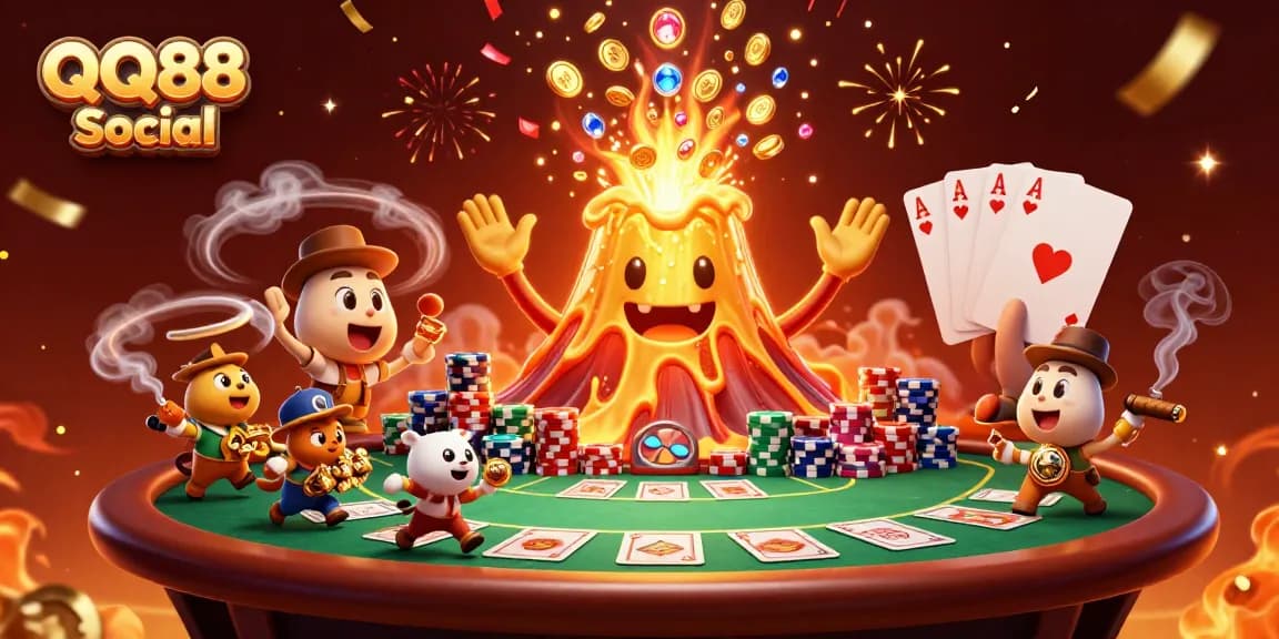 Engage in thrilling gameplay at QQ88 Social with a triumphant golden volcano unleashing treasure.