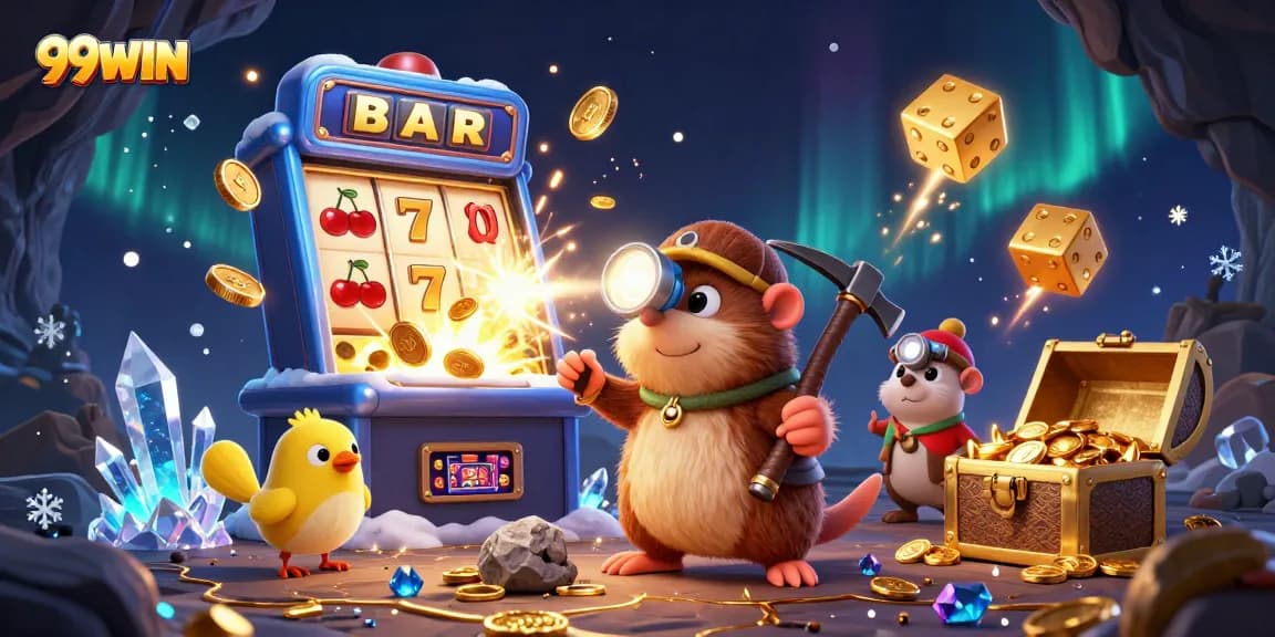 Experience thrilling jackpots at 99WIN with a vibrant casino atmosphere showcasing colorful symbols and treasure.