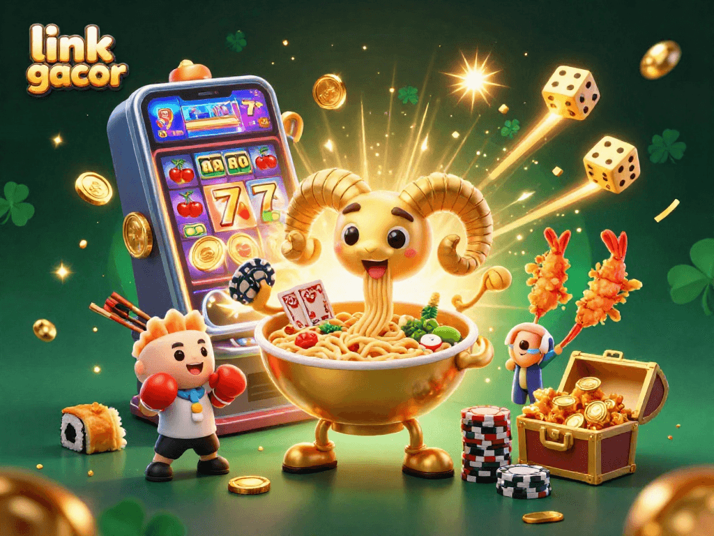 Engage in thrilling gameplay with the link slot gacor showcasing a lively casino scene bursting with color and excitement.