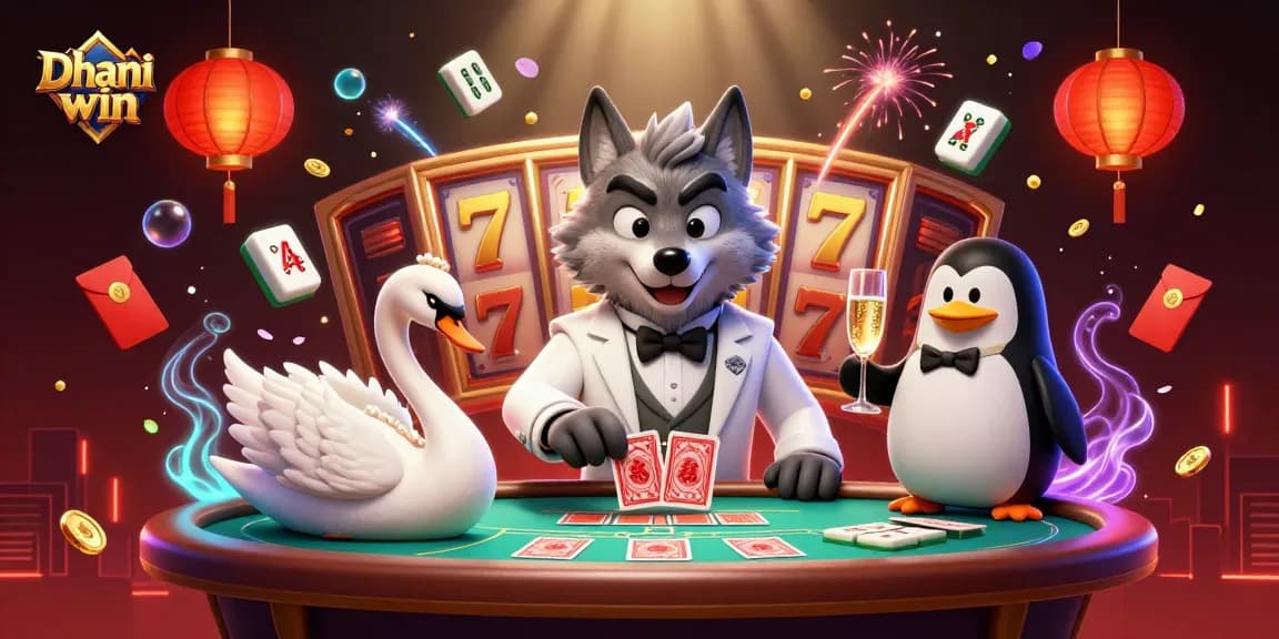 Experience thrilling casino action with Dhani win's vibrant 3D scene featuring lucky symbols and charismatic characters.