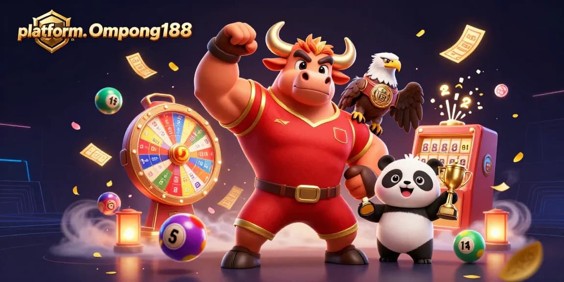 Menangkan hadiah menarik di platform Ompong188 dengan karakter 3D yang ceria dalam ilustrasi kasino.