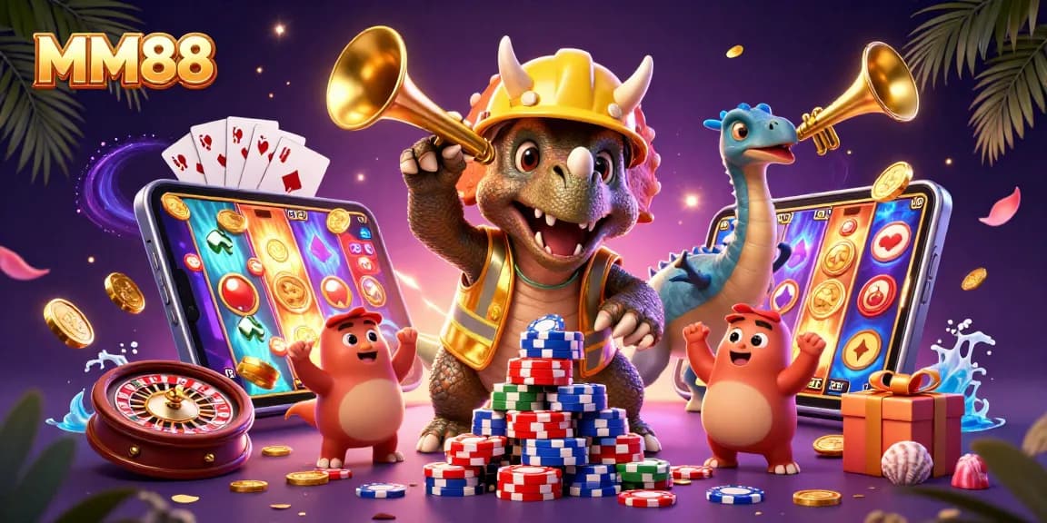 MM88 showcases a dynamic cartoon scene of a triceratops and celebration amid vibrant casino elements.