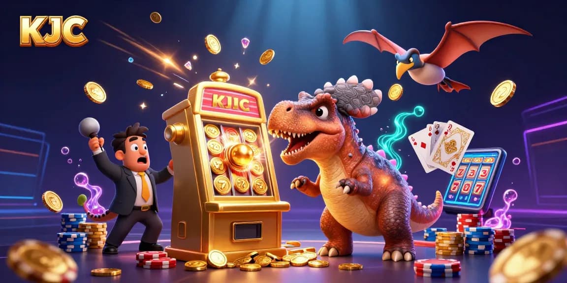 KJC casino adventure scene with a cartoon dinosaur and a panicked manager amidst jackpot coins.