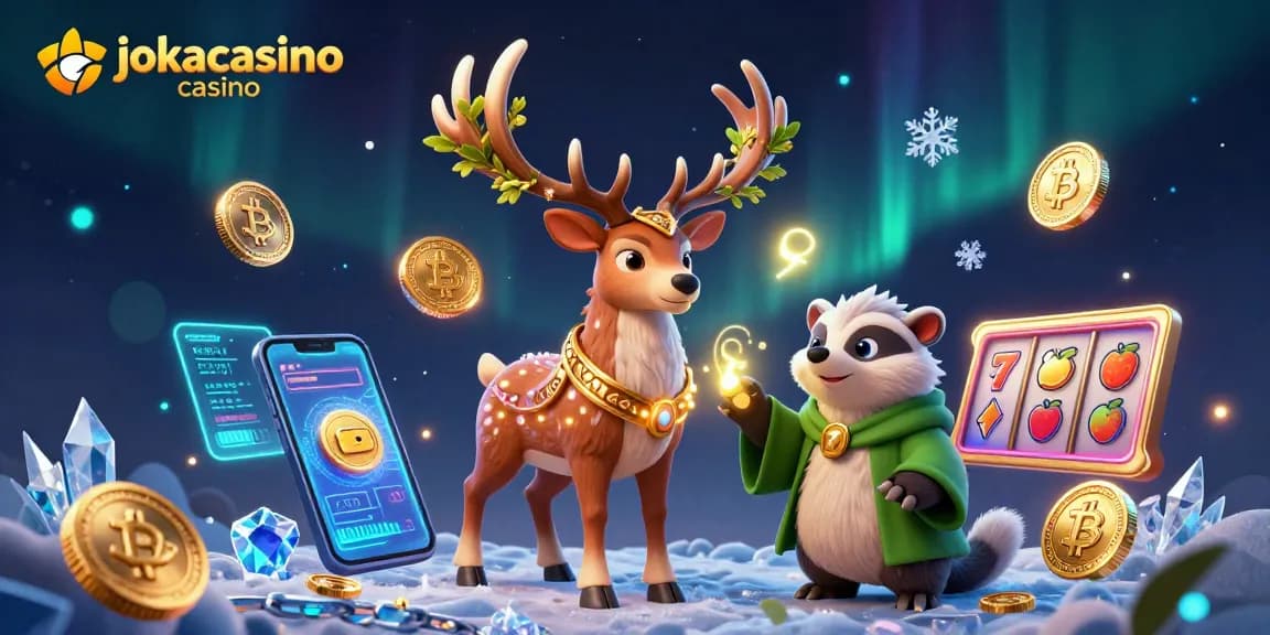 Engage in thrilling gaming at jokacasino casino with a vibrant 3D scene of crypto coins and playful characters.
