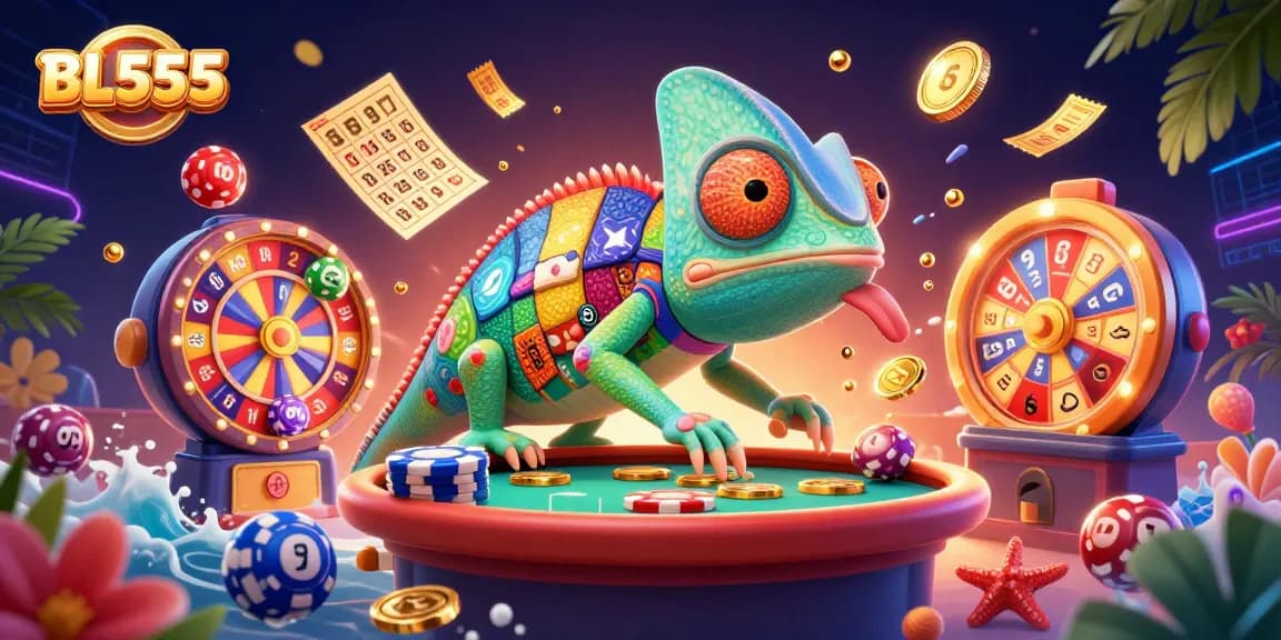 BL555's vibrant casino scene with a chameleon owner watching the games and grabbing golden coins.