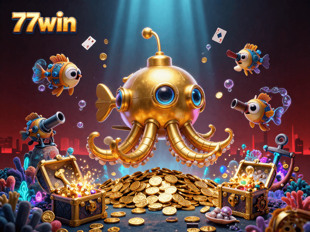 Engage in thrilling adventures with 77win’s underwater treasure, golden kraken, and vibrant gaming elements.