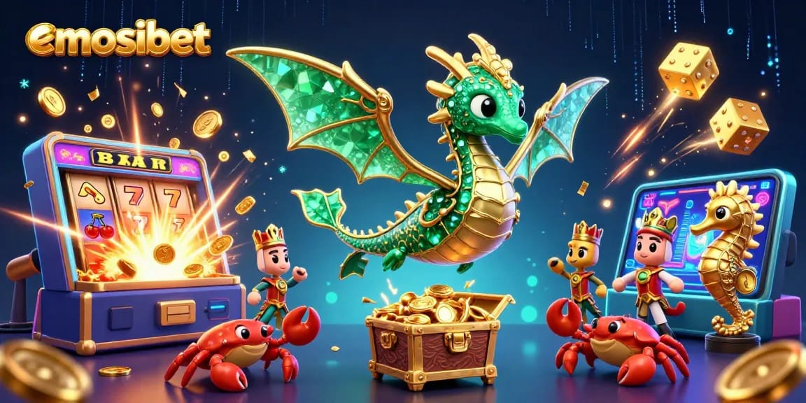 Experience excitement with emosibet, as a sea dragon and treasure chest shine in a dazzling casino scene.