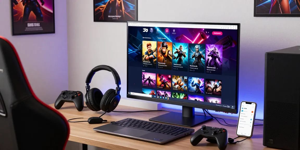 User accessing springshall.org on a laptop while gaming, with vibrant graphics and accessories