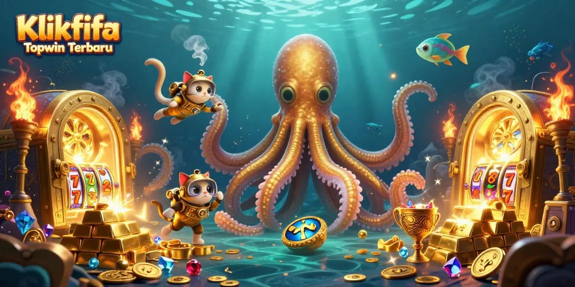 Play slots at Klikfifa Topwin Terbaru while encountering a kraken and diving cat in a treasure-filled scene.