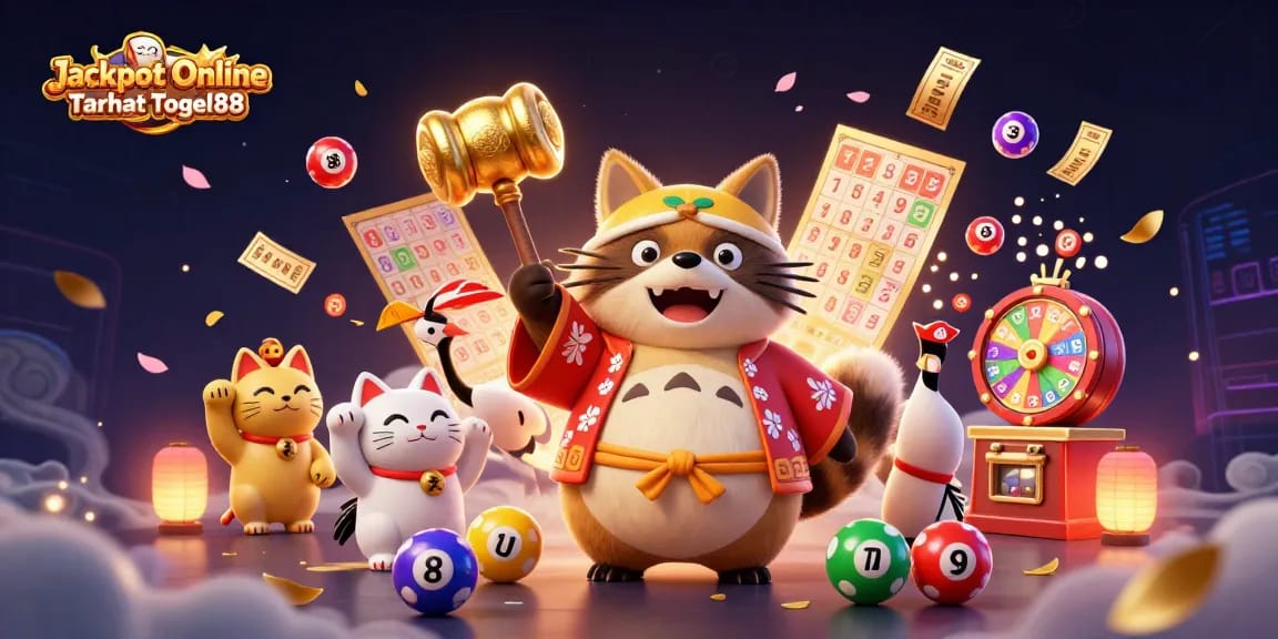 Experience the thrill with Jackpot Online Taruhan Togel88, featuring vibrant lottery elements and lucky characters.
