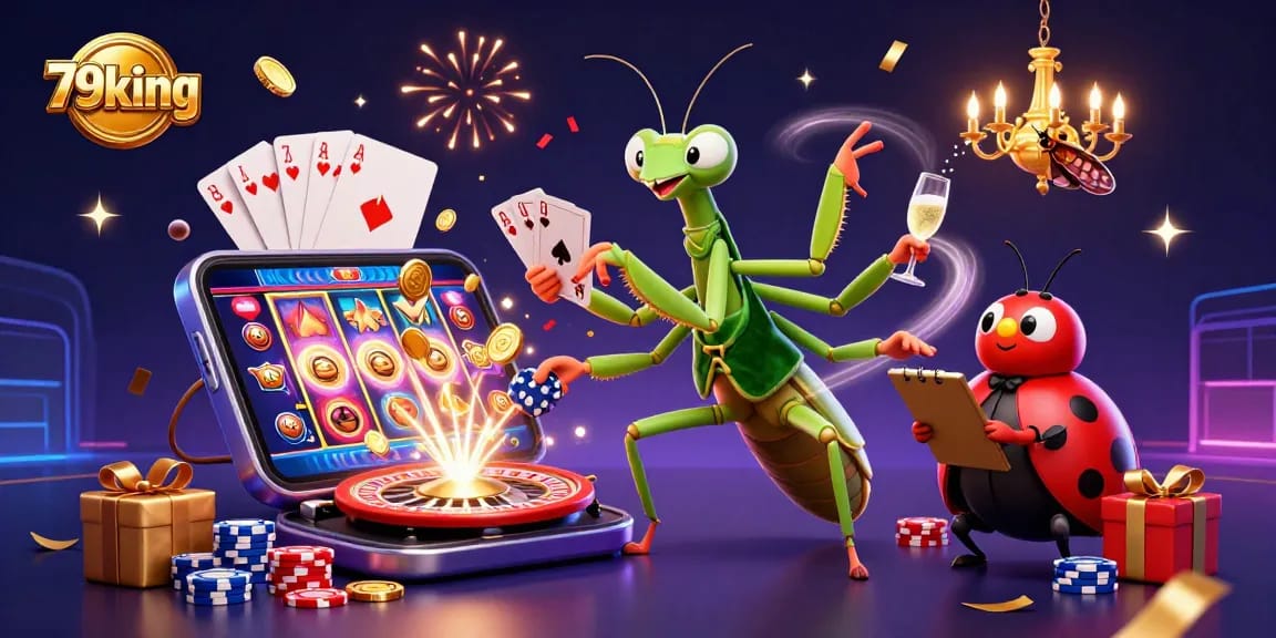 Experience 79king's vibrant casino scene featuring a praying mantis card sharp and engaging game elements.
