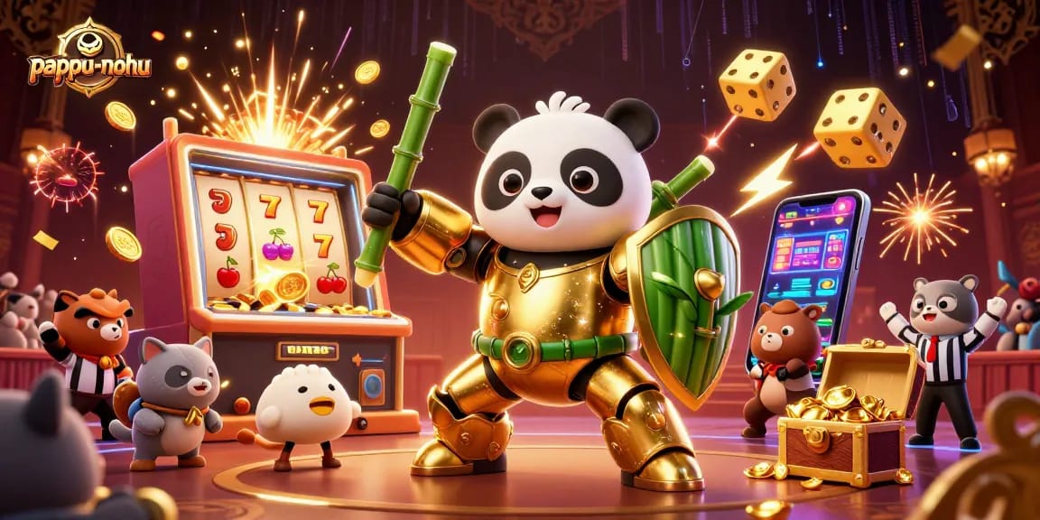 Pappu-nohu showcases a vibrant 3D scene featuring dynamic gameplay, slot machines, and energetic characters in an online casino.