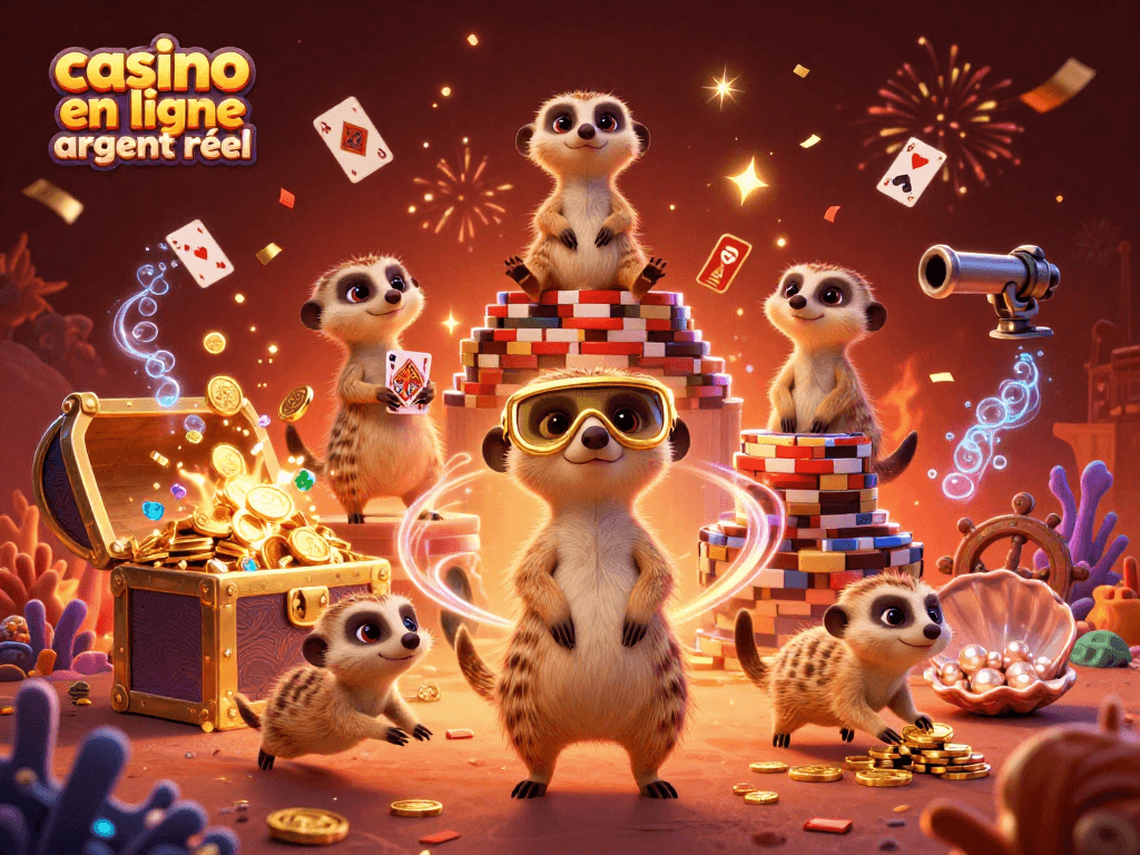 Jouez dans un casino en ligne argent réel avec des suricates animés gérant des tables et jetons.