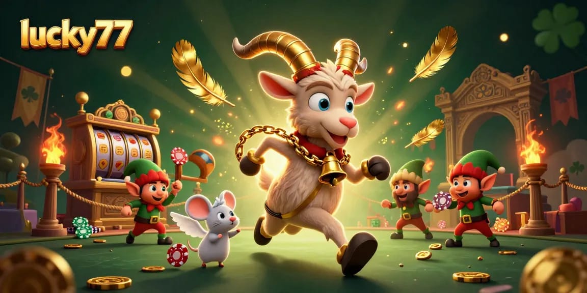 Experience an exciting lucky77 casino adventure with Krampus, angels, and mischievous gremlins in a festive scene.