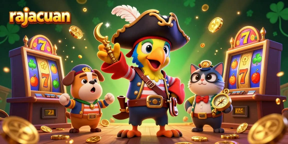 Experience thrilling slot action with rajacuan, showcasing vibrant pirate characters and colorful slot machines.