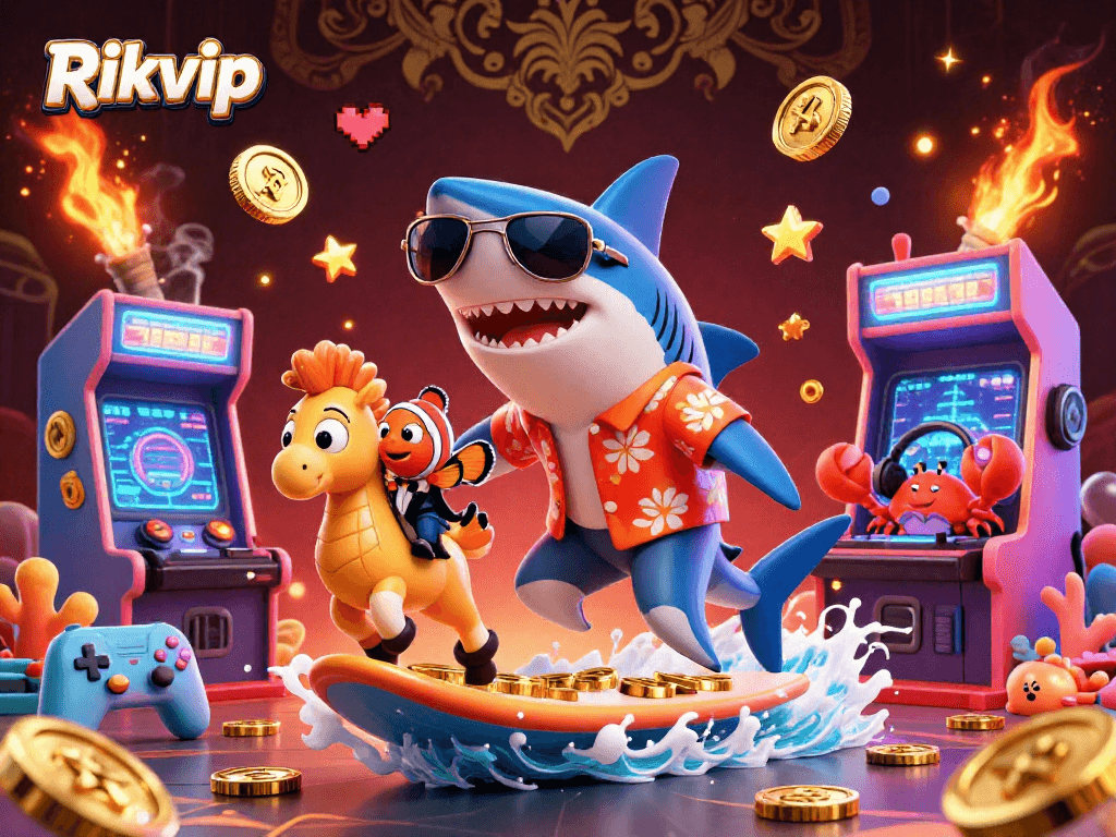Experience thrilling gaming with Rikvip showcased by a shark surfing on gold coins, vibrant arcade elements, and energetic atmosphere.