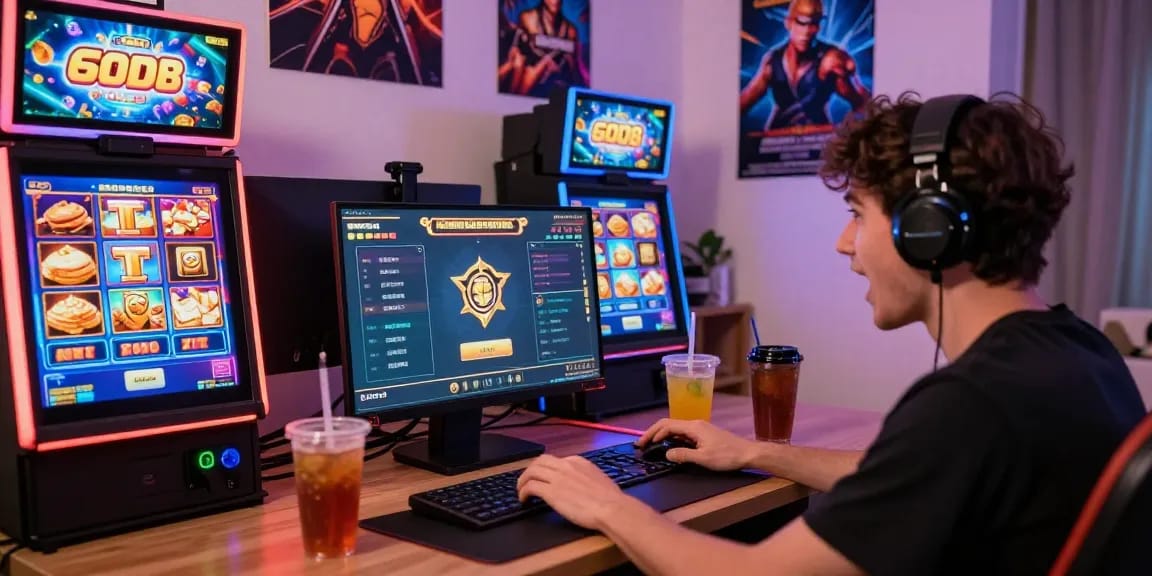 Seorang pemain menikmati slot88 di laptop dengan suasana menyenangkan di kamar cozy.