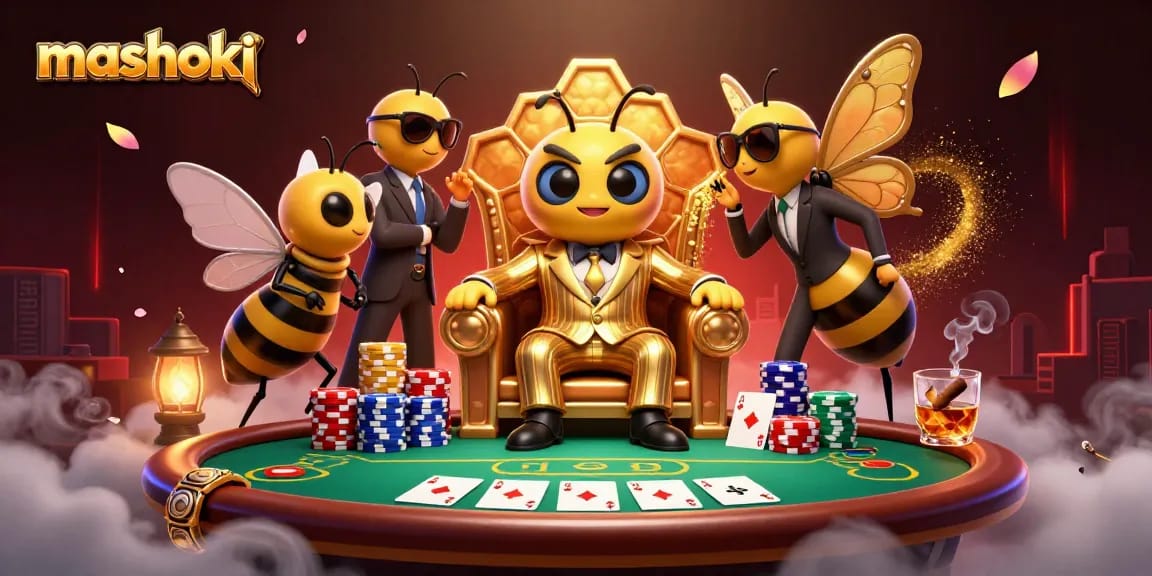 Engage with mashoki's thrilling poker scene featuring a bumblebee mob boss and lavish game elements.