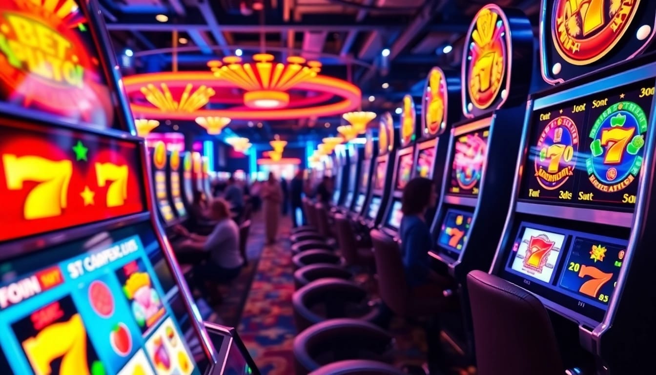 Experience the excitement of slot gambling with colorful machines spinning in a lively casino atmosphere.