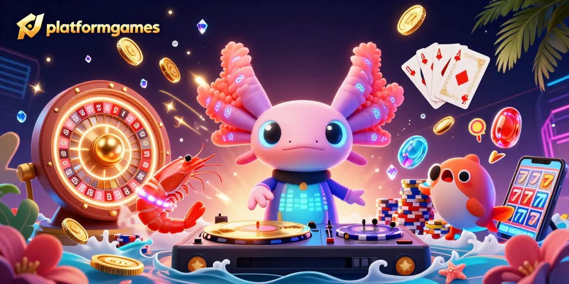 Engage with thrilling platformgames action as vibrant axolotl DJ performs in a neon-lit underwater casino scene.