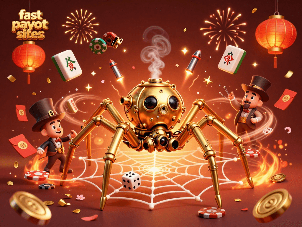 Engage with fast payout sites as golden spider and Victorian gentleman interact in a vibrant casino scene.