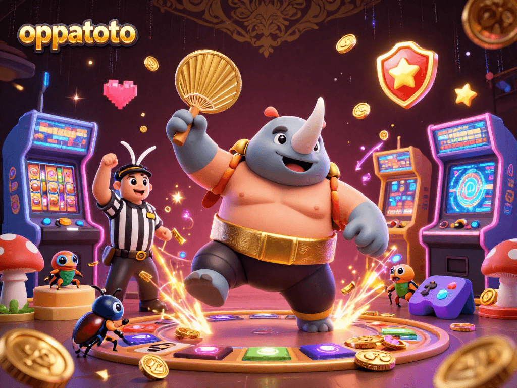 Experience winning thrills with oppatoto as a beetle champion unleashes golden coins in this vibrant casino scene.