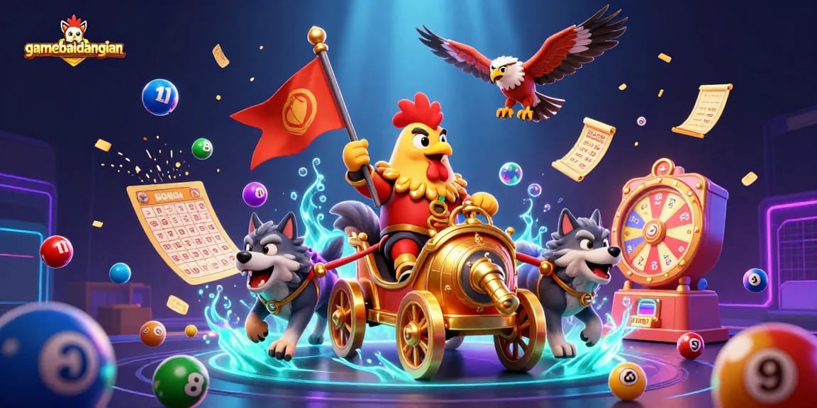 Experience thrilling moments in gamebaidangian with a colorful illustration of a rooster warlord amid vibrant gaming elements.