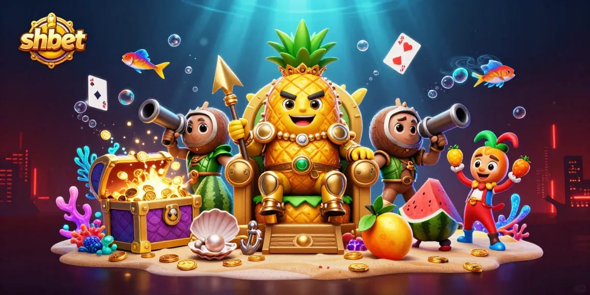 Experience the excitement of shbet with a vibrant casino scene depicting a golden pineapple king and dynamic game elements.