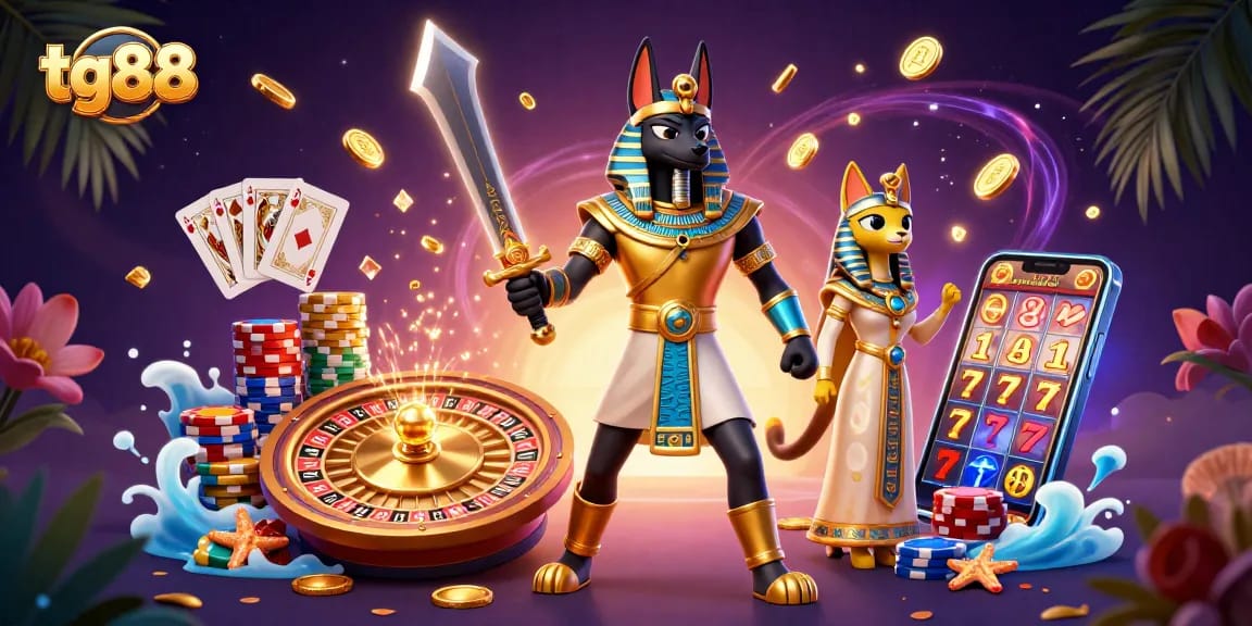 Experience thrilling casino games with tg88 through vibrant 3D gaming visuals featuring Anubis and Bastet.