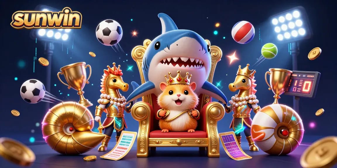 Sunwin showcases an epic scene with a golden hamster king on a megalodon throne surrounded by sports elements.