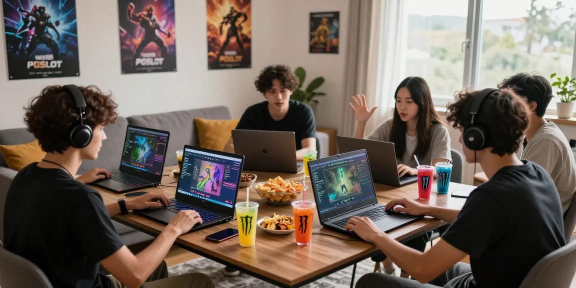 Group of friends enjoying we88 PGSLOT gaming session in a cozy living room