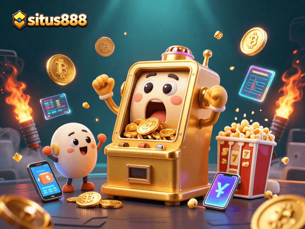 Experience excitement at situs888 with golden slot machines celebrating big jackpots in a vibrant casino scene.
