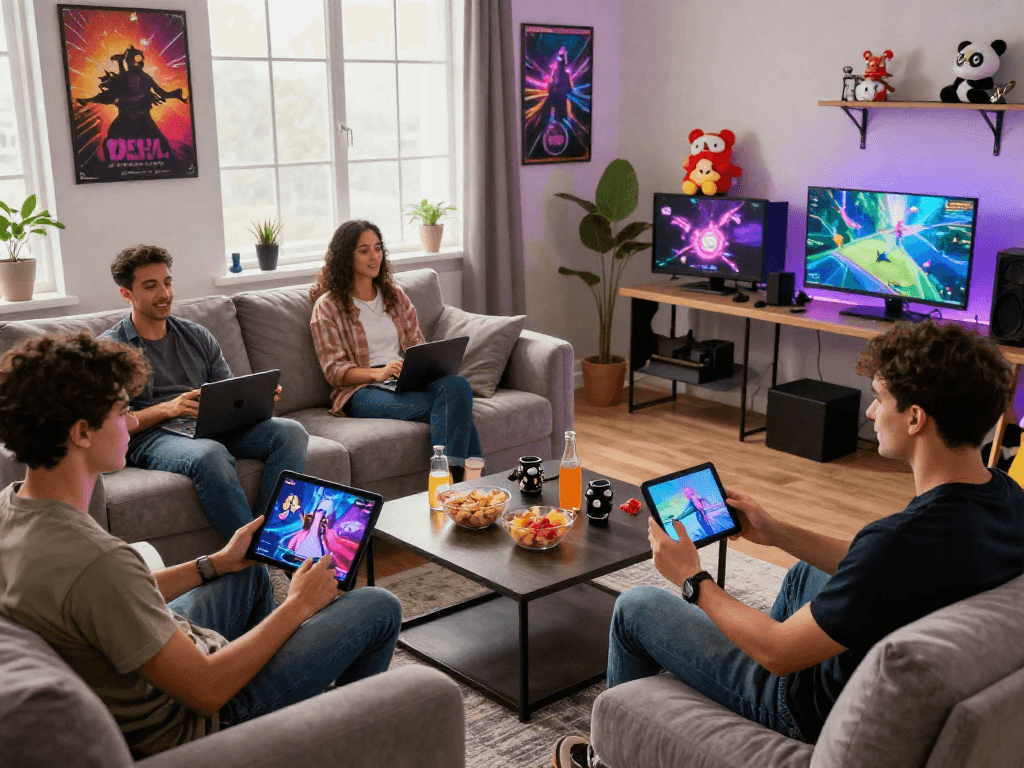 Engaged players enjoying sex games on various devices in a cozy gaming setup.