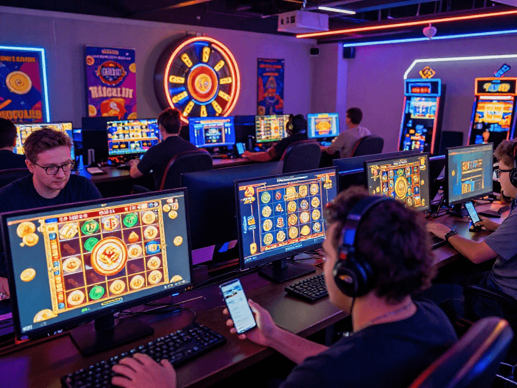 Pengalaman bermain slot88 yang seru di lounge game online, dengan pemain menikmati berbagai permainan slot di komputer dan perangkat mobile.