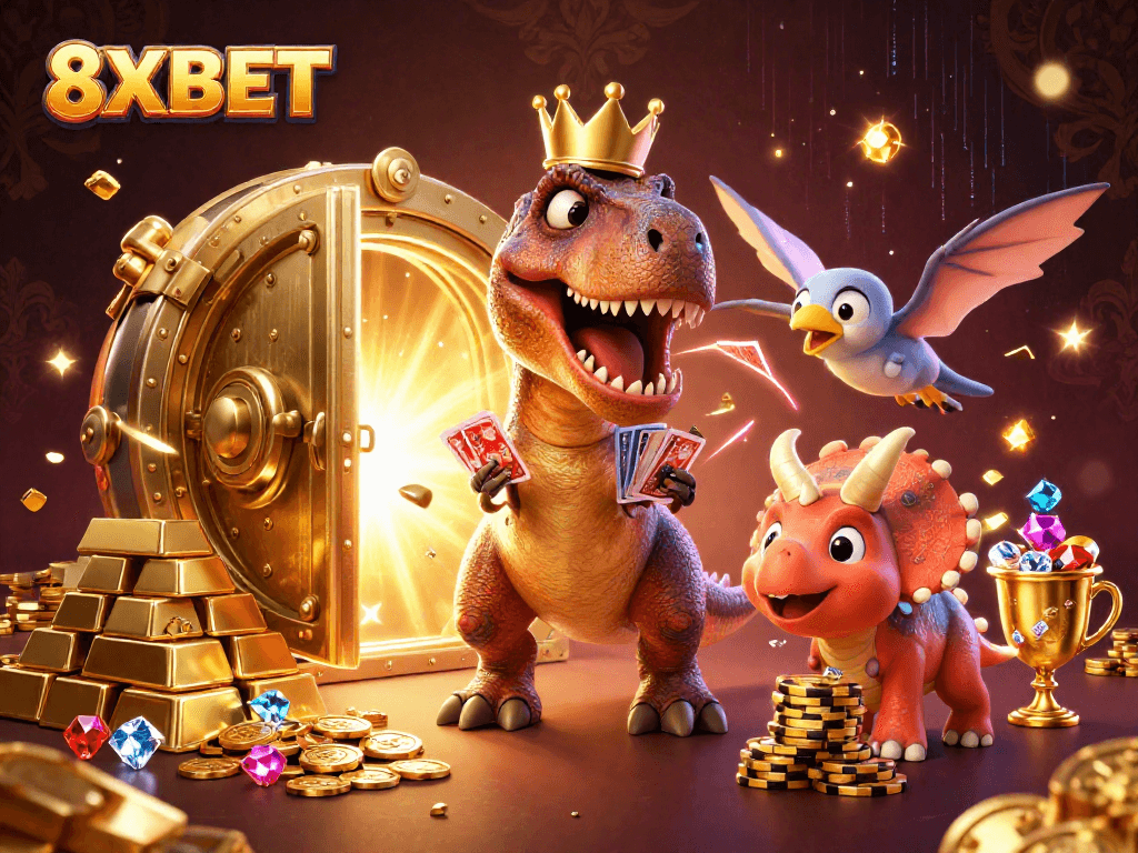 8XBET features a friendly T-Rex and friends engaging in a lively online casino setup.