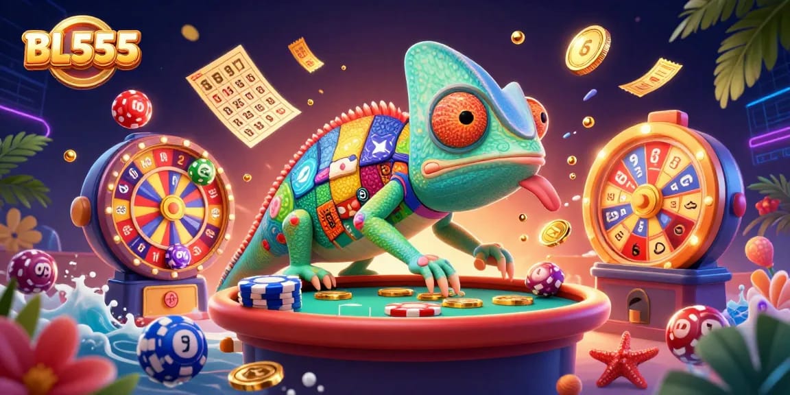 BL555's vibrant casino scene with a chameleon owner watching the games and grabbing golden coins.
