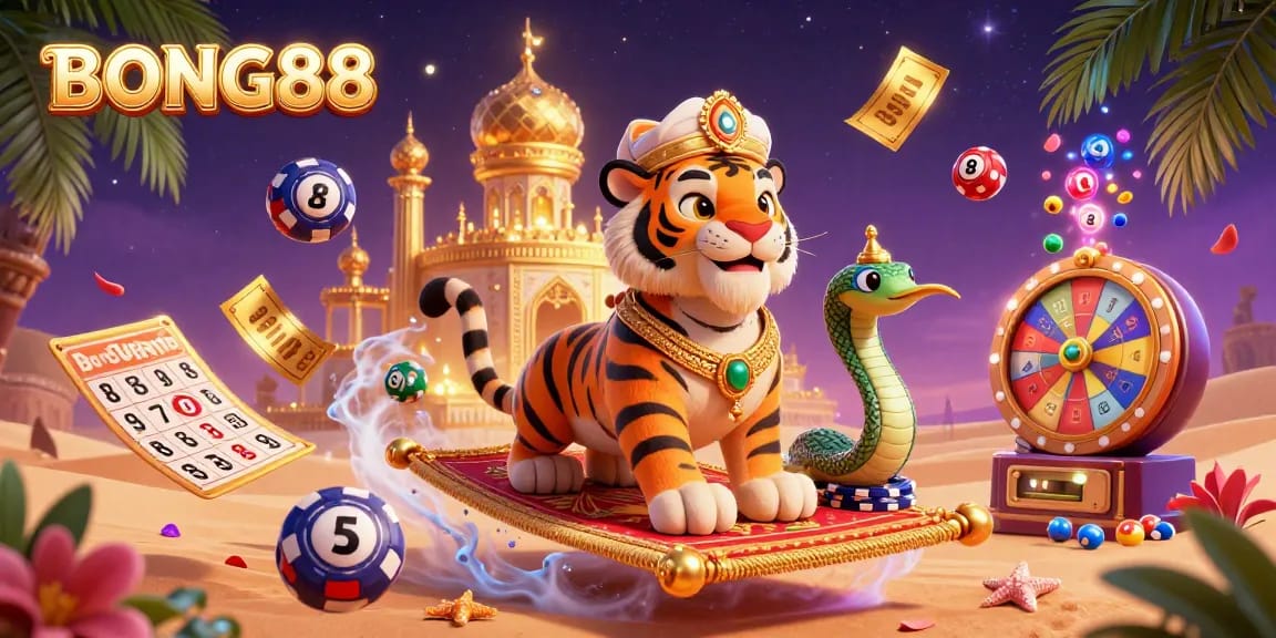 BONG88 offers a vibrant casino experience with colorful lottery elements and a lavish Arabian Nights theme.