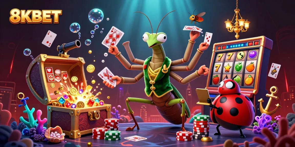 Experience the vibrant casino world of 8KBET with a lively praying mantis and ladybug in a rich, immersive scene.