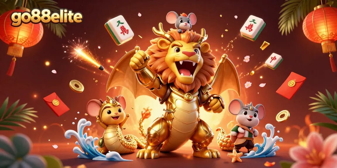 Experience thrilling casino action with go88elite's golden chimera under vibrant fireworks