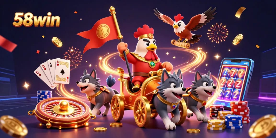 Experience the thrill of 58win with a dynamic scene featuring gaming elements and a warlord amidst riches.