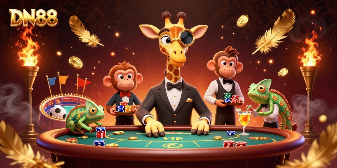 Betting at DN88 with a high-roller giraffe at a poker table, a monkey valet with chips, and a chameleon bartender.