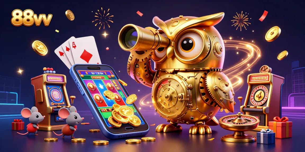 Experience the excitement of 88vv with a vibrant 3D casino illustration featuring a golden owl and slot machines.