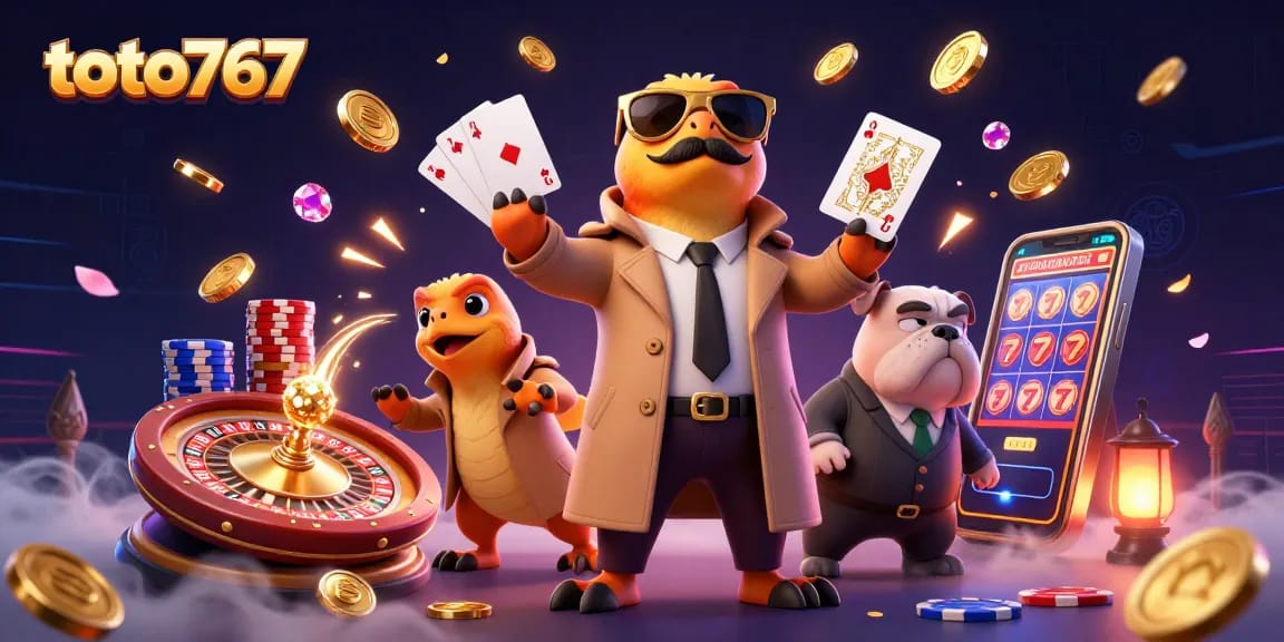 Toto767 menampilkan pemandangan kasino dengan tiga raptor mengenakan jas luar mengelabuhi satpam bulldog untuk masuk ke area VIP.
