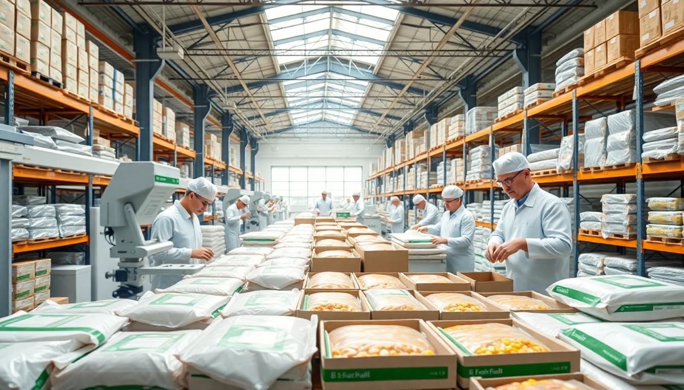 Showcase of food contract packaging process highlighting efficiency and quality in a modern warehouse.