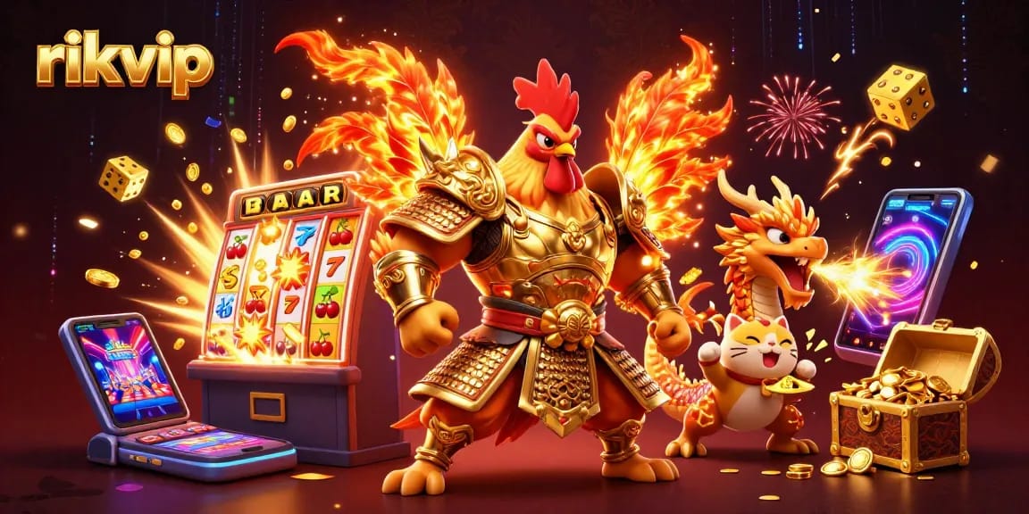 Experience the excitement at rikvip with a dynamic 3D scene of warrior characters and casino elements.