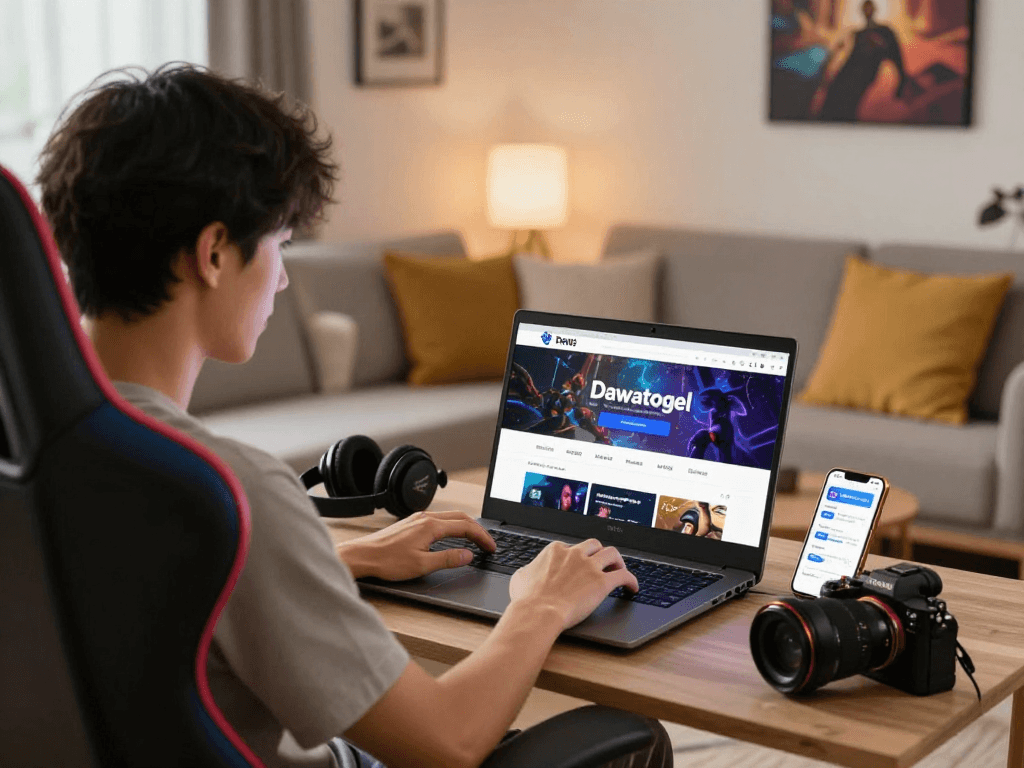 A user engaged with Dewatogel online gaming platform in a cozy living room setting.